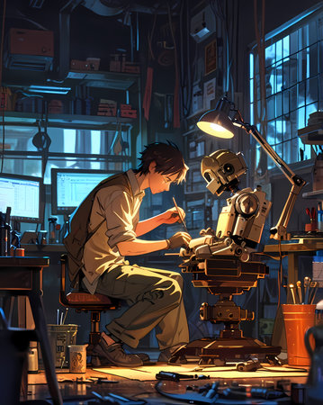 3d illustration of a man working on a robot in his workshopの写真素材