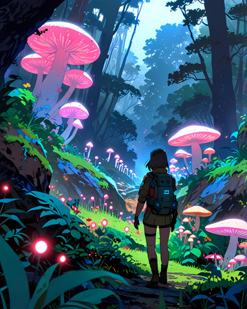 Hiker in the forest at night with mushrooms. Vector illustration.の写真素材