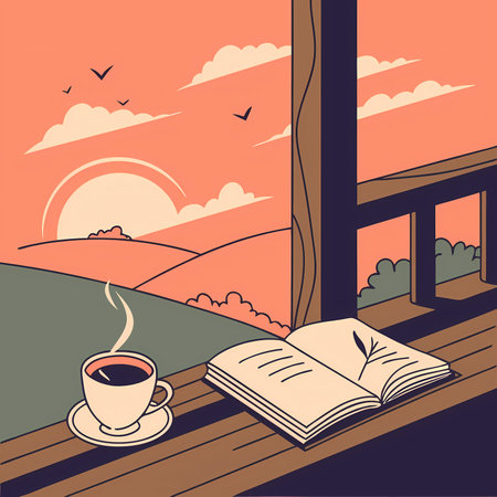 Cup of coffee and book on the balcony, vector illustration.のイラスト素材