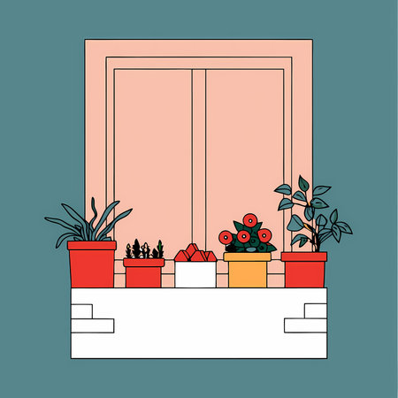 Flower pots on the windowsill, vector illustration. Flat style.のイラスト素材