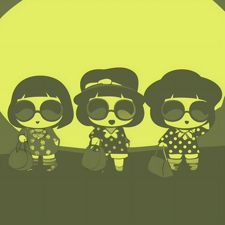 cute little girls in retro style with shopping bags on green backgroundのイラスト素材