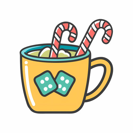 Mug of hot chocolate with ice cubes and candy canes. Vector illustration.のイラスト素材