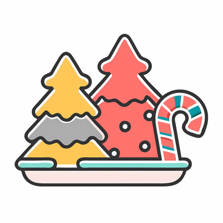 Christmas tree and candy canes flat line icon. Vector illustration.のイラスト素材