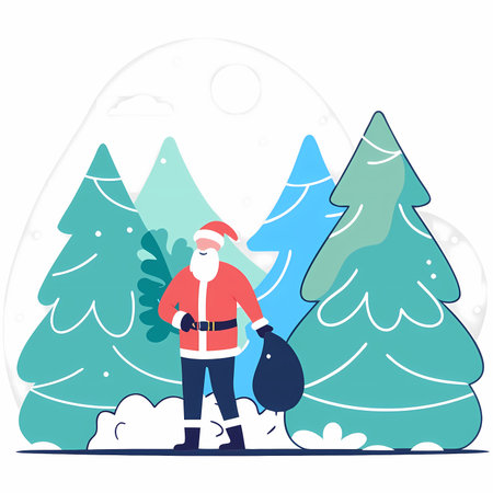 Santa Claus with a bag of gifts in the forest. vector illustrationのイラスト素材