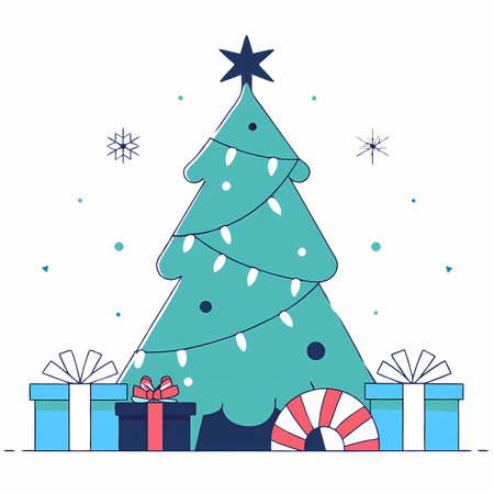 Christmas tree with gifts and snowflakes. Flat design vector illustration.のイラスト素材