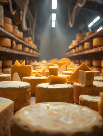 Cheese wheels in a cheese shop. Shallow depth of field.の素材