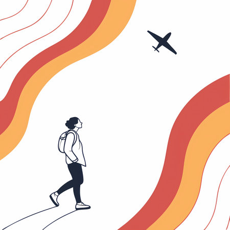 Vector illustration of a man walking on the road with an airplane.