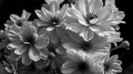 Black and white photo of a bouquet of daisies.の素材