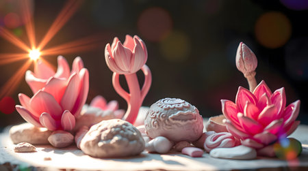 Close up of colorful candies in shape of lotus flower on wooden table.の素材