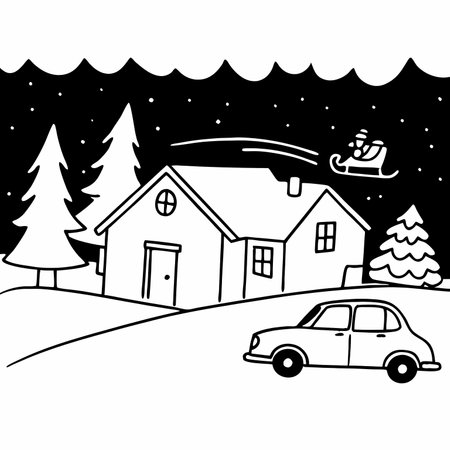 Vector illustration of Santa Claus riding a sleigh on the roof of a house in winter.のイラスト素材