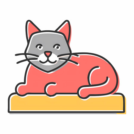 Cute cat flat color vector icon. Pet on a wooden platform.のイラスト素材