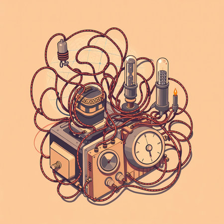Retro camera. Vector illustration of a retro camera with wires.の素材