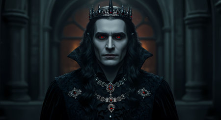 Mysterious woman in a black gothic dress with a crownの素材