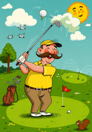 Cartoon golfer playing golf on a golf course. Vector illustration.の素材