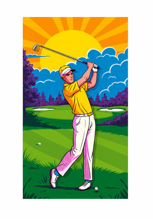 golf player practicing with club and ball in the field vector illustration designの素材