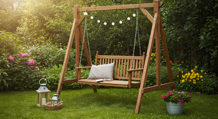 Wooden swing in the garden with flowers, lantern and pillow.の素材