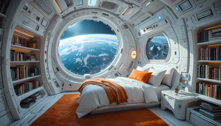 Spaceship interior with a view of the Earth from the window.の素材