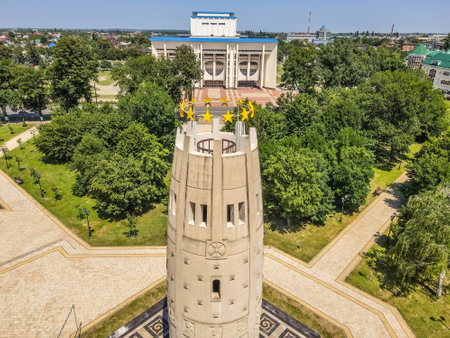 The aerial view of "The unity and concord" monument at Maykop, Adygea, southern Russia, with the public park during the hot summer day.の写真素材