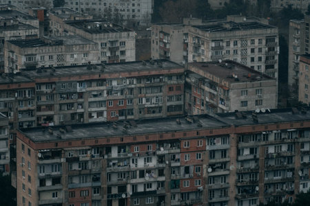 The old panel houses with multi-storeys apartment buildings in Tbilisi, Georgia.の写真素材