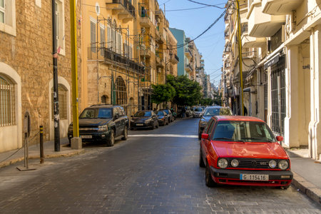 The cars parked on the narrow streets of Gemmayzeh district at Beirut, Lebanon.の写真素材