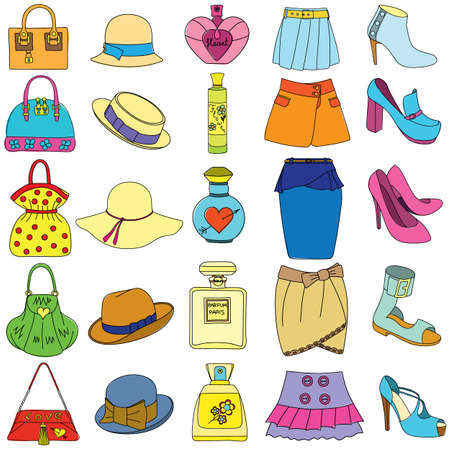 Set of shoes, handbags, skirts, hats and bottles of perfume on white background. Vector illustration.のイラスト素材