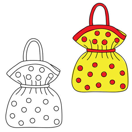 Handbag. Hand drawn doodle. Black and white and colored version. Vector illustration.のイラスト素材