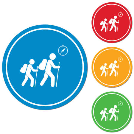 Hiking tourists with compass icon. Vector illustrationのイラスト素材