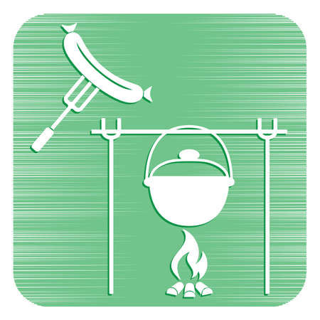 Fire, pot and sausage icon. Vector illustration.のイラスト素材