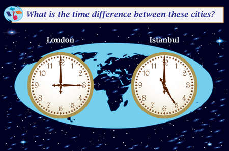 Logical task.What is the time difference between these cities? Vector illustration