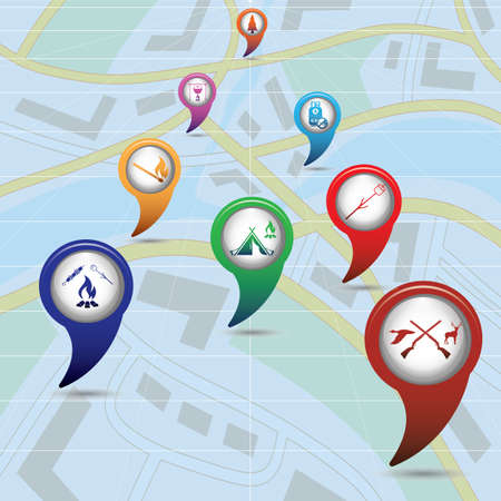Set of tourism services map pointers on map. Vector illustrationのイラスト素材