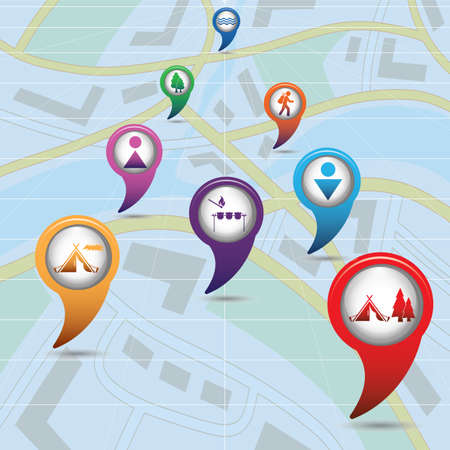 Set of tourism services map pointers on map. Vector illustrationのイラスト素材