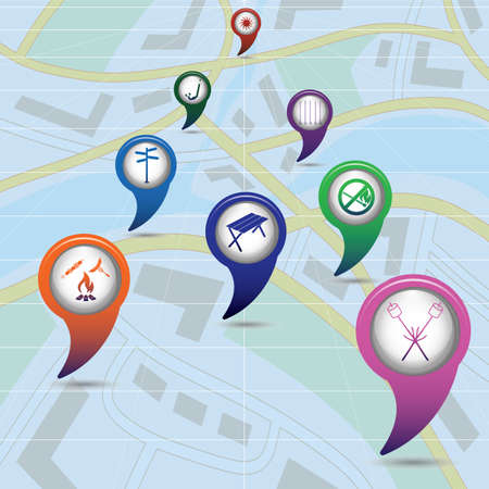 Set of tourism services map pointers on map. Vector illustrationのイラスト素材