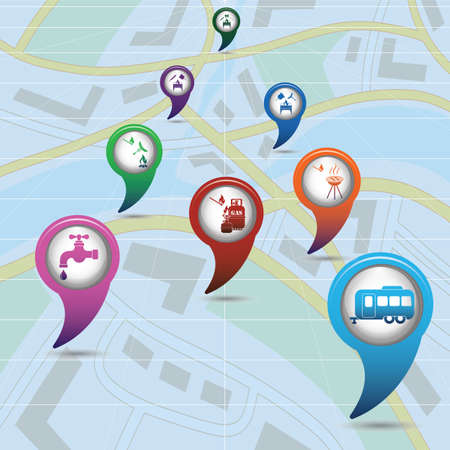 Set of tourism services map pointers on map. Vector illustrationのイラスト素材