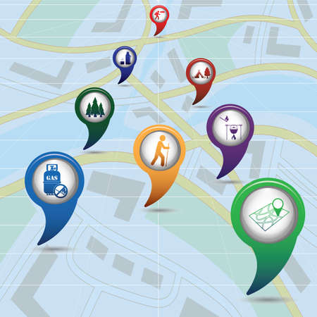 Set of tourism services map pointers on map. Vector illustrationのイラスト素材