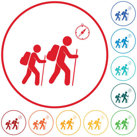 Hiking tourists with compass icon. Vector illustrationのイラスト素材