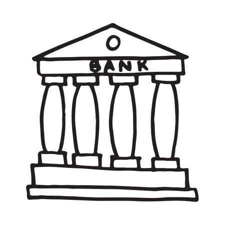 Handdrawn doodle bank building icon. Hand drawn black sketch. Sign symbol. Decoration element. White background. Isolated. Flat design. Vector illustrationのイラスト素材