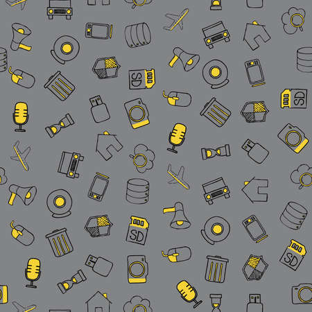 Set of diverse technological items and equipment doodle icons. Seamless pattern. Vector illustrationのイラスト素材