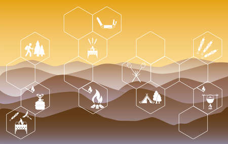 Poster with Set of travel and camping equipment icons. Vector illustrationのイラスト素材