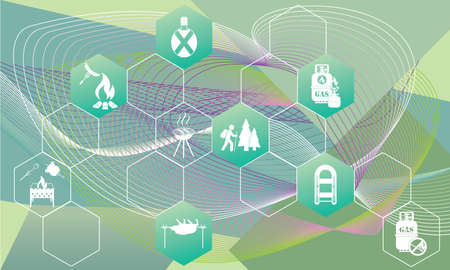 Poster with Set of travel and camping equipment icons. Vector illustrationのイラスト素材