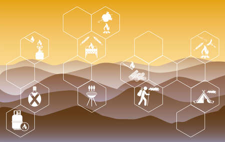 Poster with Set of travel and camping equipment icons. Vector illustrationのイラスト素材