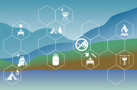 Poster with Set of travel and camping equipment icons. Vector illustrationのイラスト素材