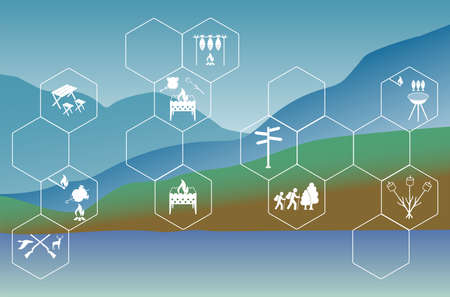 Poster with Set of travel and camping equipment icons. Vector illustrationのイラスト素材