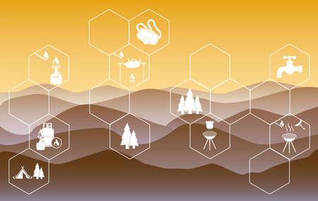 Poster with Set of travel and camping equipment icons. Vector illustrationのイラスト素材