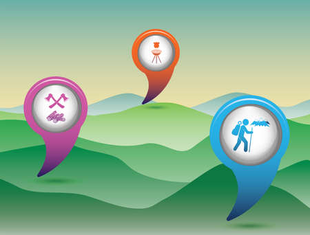 Poster with Set of travel and camping equipment icons. Map pointers. Vector illustrationのイラスト素材