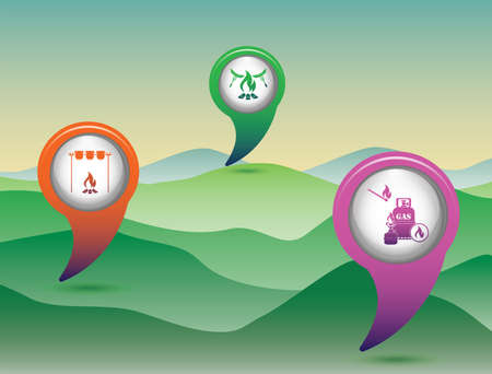 Poster with Set of travel and camping equipment icons. Map pointers. Vector illustrationのイラスト素材