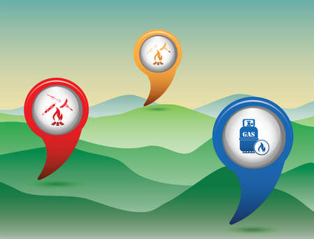 Poster with Set of travel and camping equipment icons. Map pointers. Vector illustrationのイラスト素材