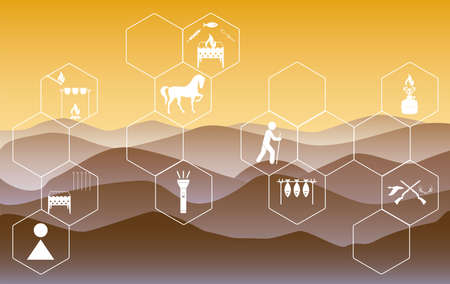 Poster with Set of travel and camping equipment icons. Vector illustrationのイラスト素材