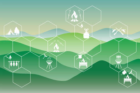 Poster with Set of travel and camping equipment icons. Vector illustrationのイラスト素材