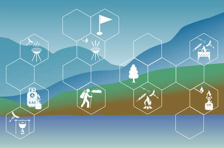 Poster with Set of travel and camping equipment icons. Vector illustrationのイラスト素材