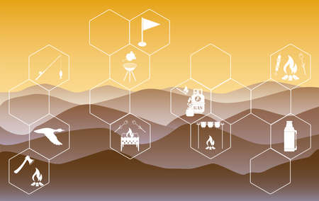 Poster with Set of travel and camping equipment icons. Vector illustrationのイラスト素材